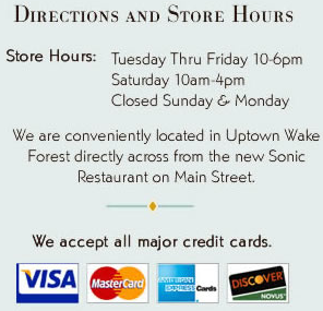 Wake Forest Jewelers Hours and Directions.  We also take major credit cards.